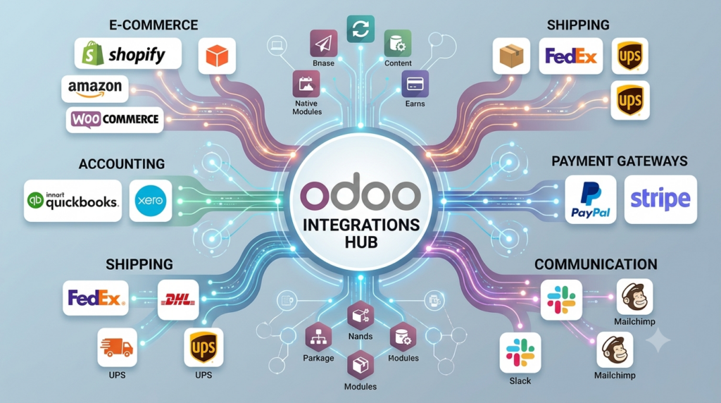 Odoo integration services connecting ecommerce, CRM, accounting and logistics systems