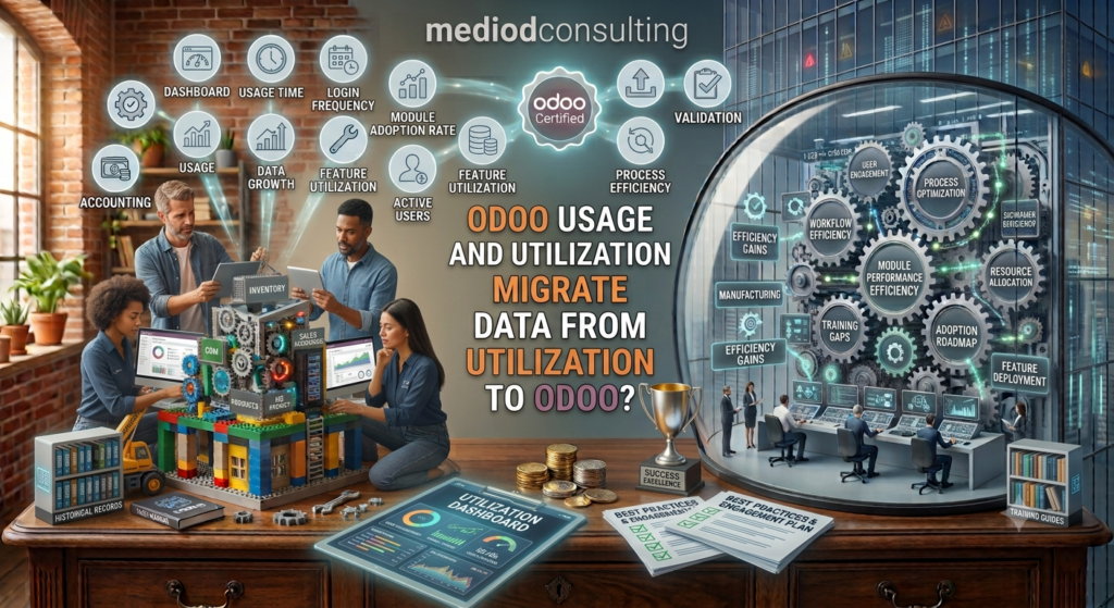 Odoo usage and utilization analytics dashboard by Mediod Consulting showing user adoption metrics and system efficiency