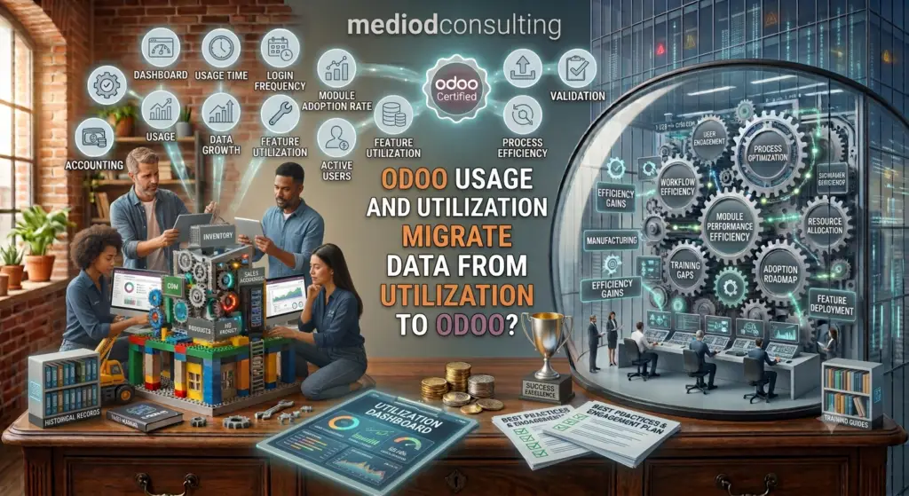 Odoo usage and utilization analytics dashboard by Mediod Consulting showing user adoption metrics and system efficiency