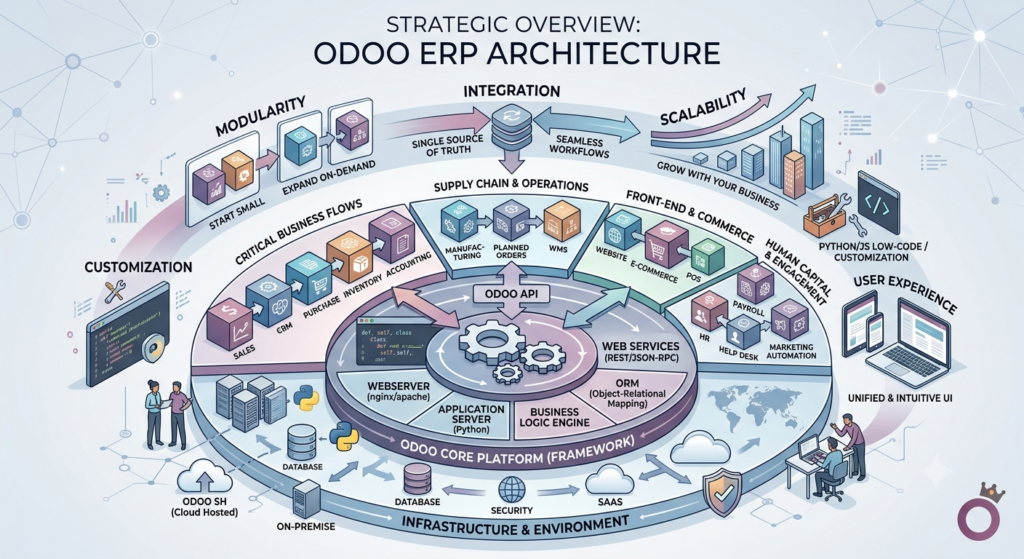 Odoo ERP architecture and modular framework diagram