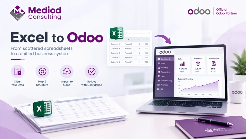 Excel to Odoo migration showing spreadsheet data cleaning, data mapping, and importing business information into Odoo