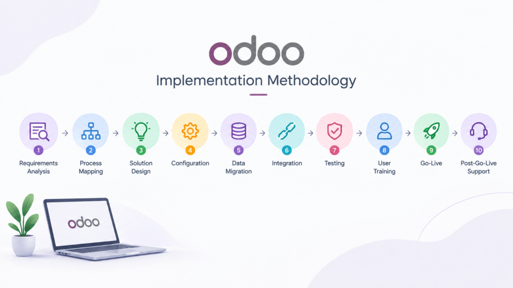 Odoo implementation methodology showing 10 steps from requirements analysis to post-go-live support