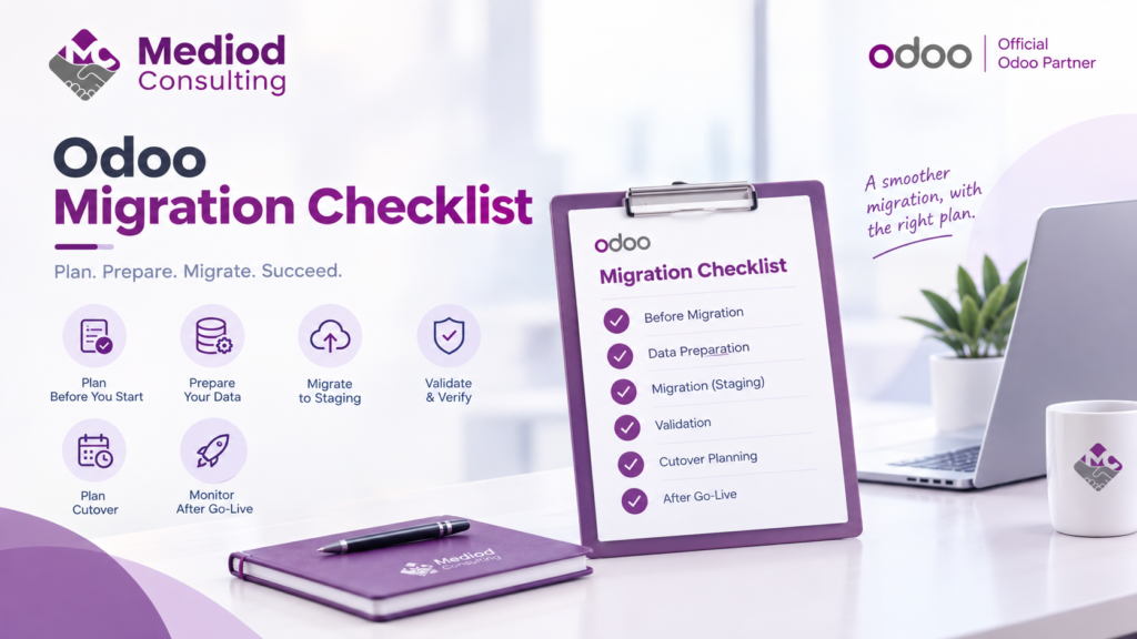 Odoo migration checklist covering planning, data preparation, staging, validation, cutover, and post-migration monitoring