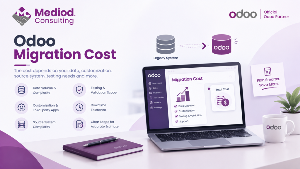 Odoo migration cost factors including data volume, customization, source system, testing, and downtime