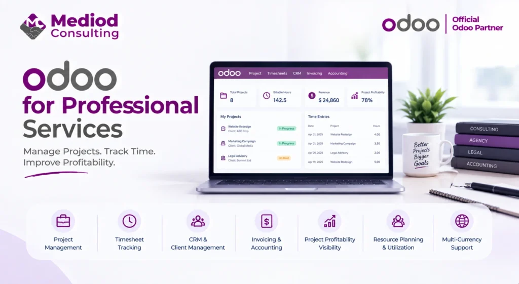 Odoo for professional services with project, timesheet, and profitability management