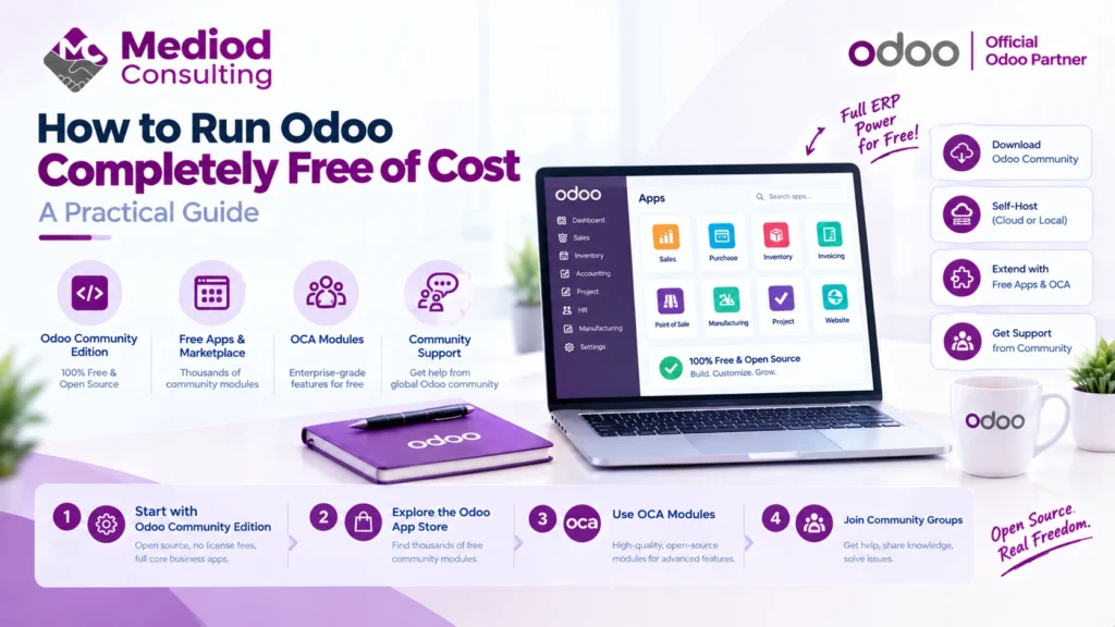 How to run Odoo for free using Community Edition, free apps, OCA modules, self-hosting, and community support