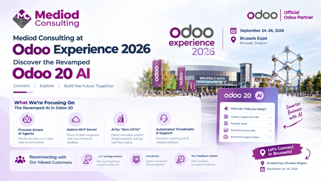 Mediod Consulting at Odoo Experience 2026 featuring Odoo 20 AI
