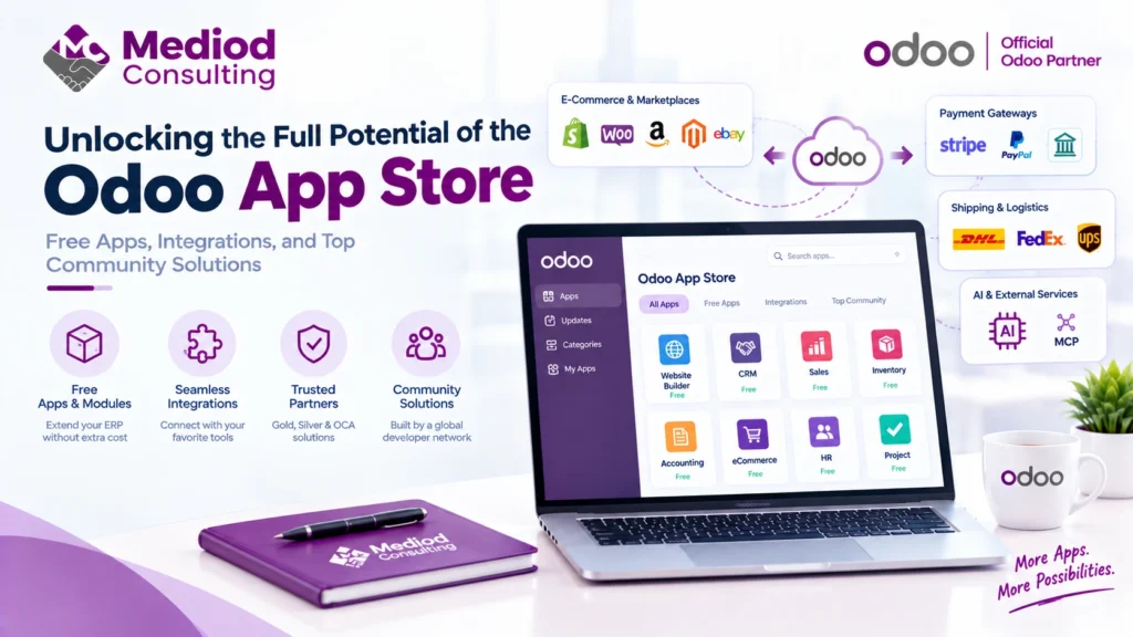 Odoo App Store featuring free apps, integrations, community modules, payment gateways, eCommerce, shipping, and business solutions