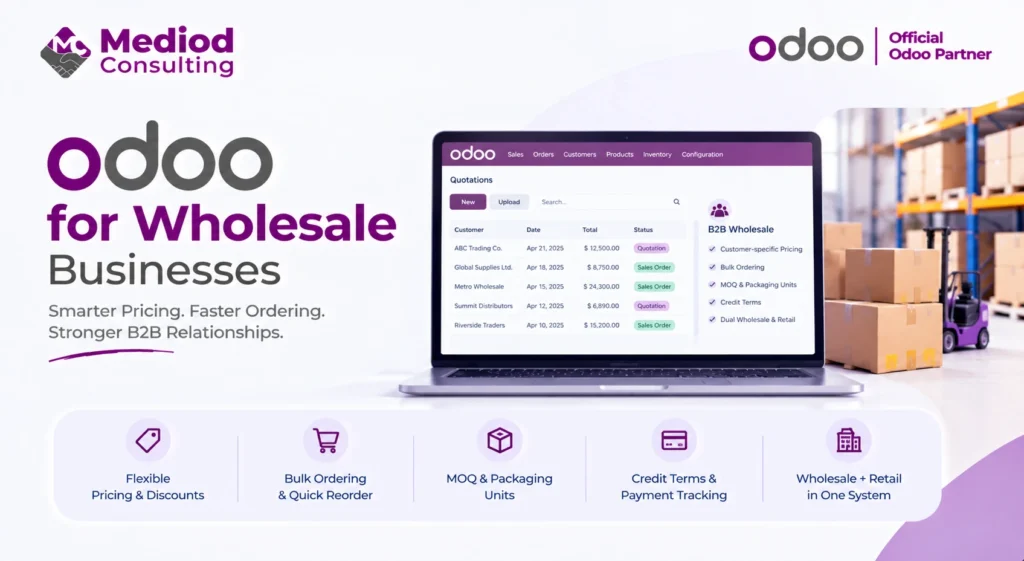 Odoo for wholesale businesses with B2B pricing and bulk ordering