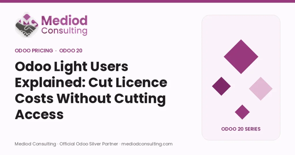 Odoo Light Users Explained: Cut Licence Costs Without Cutting Access – Mediod Consulting Odoo Pricing guide cover