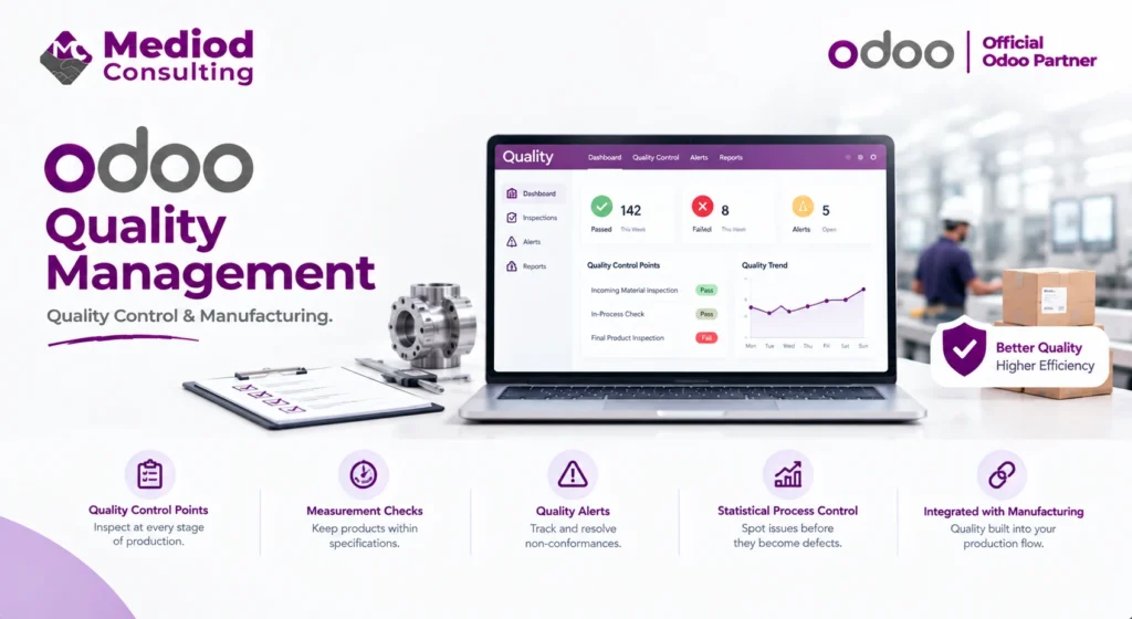 Odoo Quality Management with quality control points, inspections, and quality alerts