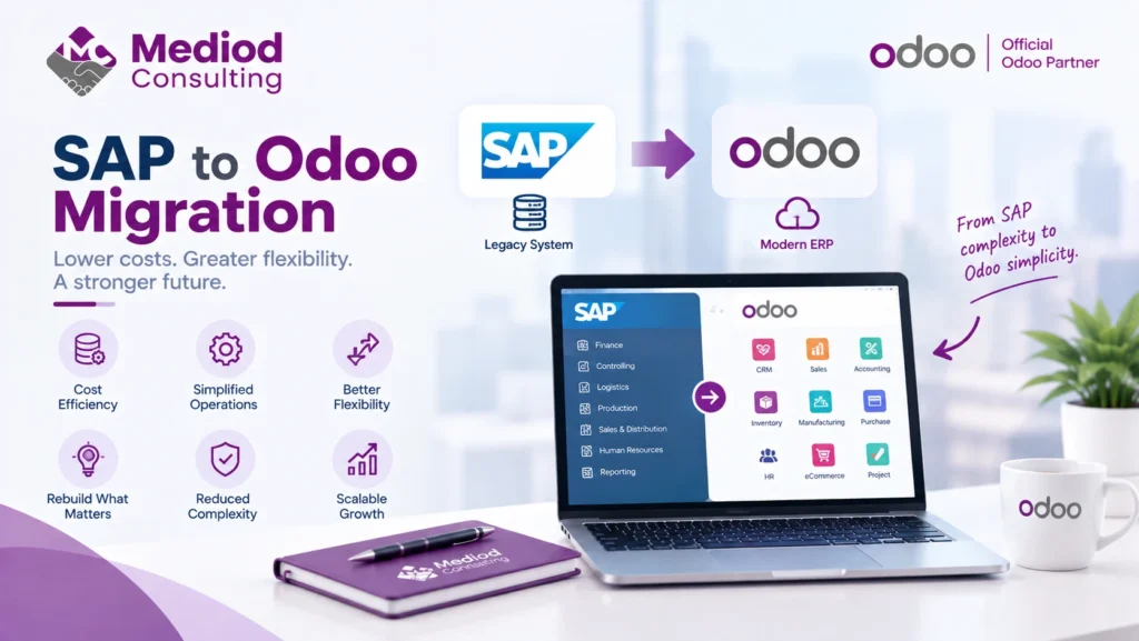 SAP to Odoo migration showing ERP data transfer, system modernization, simplified operations, and business flexibility