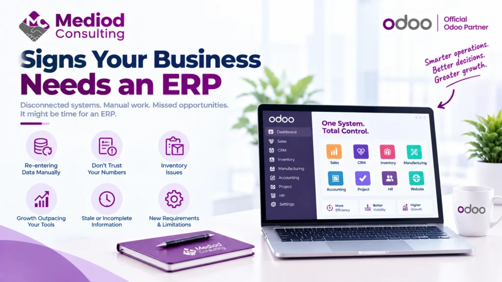 Signs your business needs an ERP showing disconnected systems, manual data entry, inventory issues, and business growth challenges